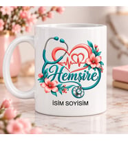 Hemşire Kupa Bardak Çiçekli Kalp ve Stetoskop Desenli