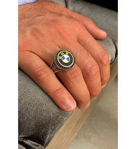 BMW Amblemli Siyah Zirkon Taşlı Gümüş Erkek Yüzük