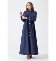 Önü Düğmeli Denim Elbise - Mavi