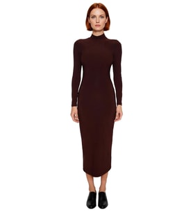 Kadın Dik Yaka Bodycon Kesim Maxi Elbise Polyester Karışımlı Örme Uzun Kollu Kışlık Zarif Tasarım