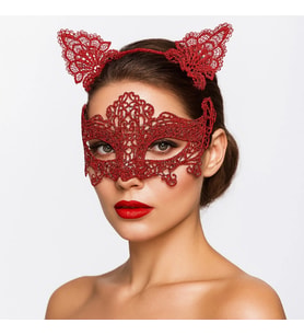 Romantik Kırmızı Dantel Maske Seti – Kedi Kulaklı Taç ve Maske No 3