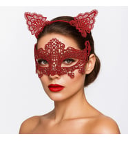 Romantik Kırmızı Dantel Maske Seti – Kedi Kulaklı Taç ve Maske No 3