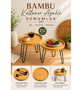 Bambu Katlanır Ayaklı Sunumluk Sehpa Doğal Bambu Yuvarlak Kahvaltı ve Servi