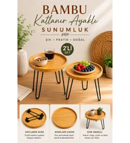 Bambu Katlanır Ayaklı Sunumluk Sehpa Doğal Bambu Yuvarlak Kahvaltı ve Servi