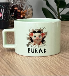 Kişiye Özel 3D Domuzcuk Hediye Pastel Fincan İsimli İsim Yazılı (Yeşil)