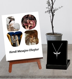 Kişiye Özel Masaüstü 4 Fotoğraflı  Anı Fotoğrafı Love Kendi Mesajını Oluştur Tasarımlı Şövale Ve Melek Figürlü Kolye