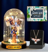 Premium Hediye Seti - Sizlere Özel Led Işıklı Fanus ve Renkli Zümrüdü Anka Kuşu Kolyesi (Model 9)