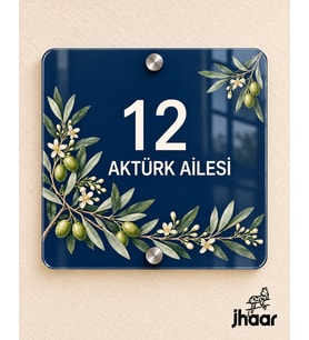 Kişiye Özel Lacivert Zeytin Desenli Pleksi Kapı İsimliği - İsim ve Kapı Numaralı 20x20 cm