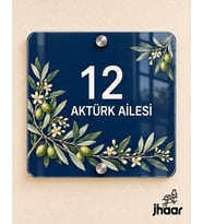 Kişiye Özel Lacivert Zeytin Desenli Pleksi Kapı İsimliği - İsim ve Kapı Numaralı 20x20 cm