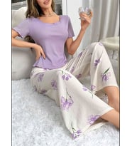 Fantezia Night Kadın Mor Çiçek Desenli Yumuşak Pamuklu Uzun Pijama Takımı 5133