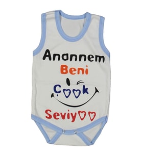 Unısex Beyaz Mavi Biyeli Anaannem Beni Seviyor Yazılı Askılı Zıbın