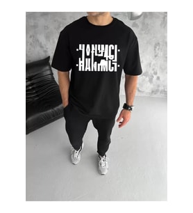 Unisex Bisiklet Yaka Katlanan Baskılı T-Shirt - Siyah