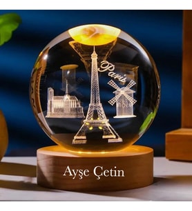 Kişiye Özel Işıklı Ahşap Kaideli Paris Temalı Cam Küre 8*6cm