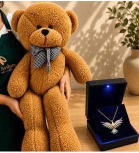 Işıklı Kutuda 925 Ayar Gümüş Zümrüdü Anka Kuşu Kolye ve 80 cm Kahve Peluş Ayıcık Hediye