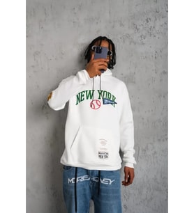 Erkek Baskılı Kapüşonlu Sweatshirt - Beyaz