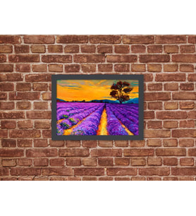 Ahşap Kendinden Çerçeveli Tablo - Yağlı Boya Gün Batımı Lavanta, Standart - 20x28cm (Çok Renkli)