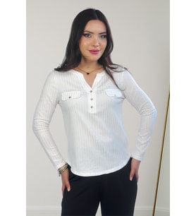 Lupinn Moda Kadın Beyaz Simli /Sim Çizgili Cep Detaylı Uzun Kollu Bluz