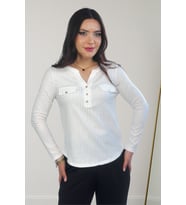 Lupinn Moda Kadın Beyaz Simli /Sim Çizgili Cep Detaylı Uzun Kollu Bluz