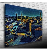 Köy Silueti Mavi Tonlarda Kanvas Tablo 50 x 70