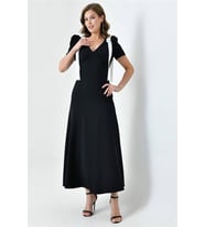 Neşeli butik kadın V yaka omuz detaylı abiye elbise NBS9358 (Siyah)