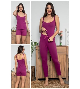 Kadın Mor Renkli Dantel Detaylı Şortlu Ve Taytlı Pijama Takımı 3'lü Set 75022