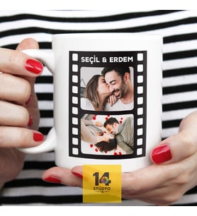 Stüdyo 14 Kişiye Özel Film Şeridi Kolajlı 2 Fotoğraflı ve İsim Alanlı Kupa -Mug ( Sevgiliye -Arkadaşa Hediye )