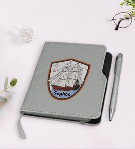 BK Gift Kişiye Özel Gemi Tasarımlı Gri Termo Deri Defter Kalem Seti-3