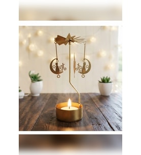 Dönen Mumluk Hilal Ayda Kedi Figürlü Altın Metal Tealight Mum Tutucu Dekoratif Hediye 15 cm