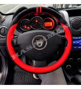 Dacia Duster Mk1 Dikme Direksiyon Kılıfı Parlak Siyah Kırmızı Detaylı Kırmızı Çift Yüzük ve Dikiş 2010-2017