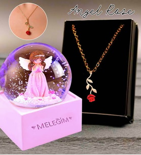 Sevgiliye Hediye Meleğim Işıklı Kar Küresi & Gold Rose Gül Kolye