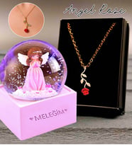 Sevgiliye Hediye Meleğim Işıklı Kar Küresi & Gold Rose Gül Kolye