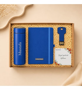 Kişiye Özel İsim Baskılı Dereceli Termos Defter ve 16 GB USB Bellek Premium Hediye Seti Kurumsal Ofi
