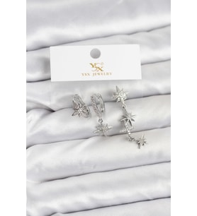 Pirinç Gümüş Renk Zirkon Taşlı Kutup Yıldızı Model Ysx Trio Küpe Seti - Tj-Bkp11565