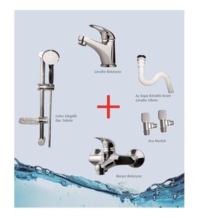 ARÇE Banyo + Lavabo Bataryası + Sürgülü Duş Takımı + 2 Ara Musluk + Körüklü Sifon