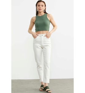 Likralı Fit Mom Jean - Ekru
