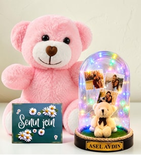 Kişiye Özel Yazılı 3 Fotoğraflı Renkli LED Işıklı Fanus(peluş ayıcıklı) ve Pembe Peluş Ayıcık Kadına Hediye Sevgiliye Hediye