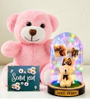 Kişiye Özel Yazılı 3 Fotoğraflı Renkli LED Işıklı Fanus(peluş ayıcıklı) ve Pembe Peluş Ayıcık Kadına Hediye Sevgiliye Hediye