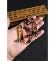 9x11 mm Sarı Siyah Ateşi Kehribar Tesbih Telkari İmame Püskül Kombinli Tespih Ahşap Kutulu Mesajlı (Lacivert-Kırmızı)
