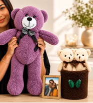 Kişiye Özel Fotoğraflı Büyük Boy Mor Peluş Ayıcık ve Peluş Saksıda Ayıcık Buketi Sevgiliye Hediye Seti