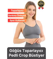 Göğüs Toparlayıcı Sarkma Önleyen Gündelik Spor Kullanım İnce İp Askılı Pedli Çizgili Crop Büstiyer (Gri)