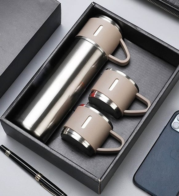 Premium 3 Bardaklı Paslanmaz Çelik Termos Seti (Silver)