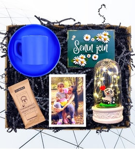 Kişiye Özel Set & Mavi Renkli Kahve Fincanı & Işıklı Mutlu Pandalı Fanus
