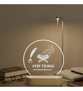 Din Kültürü Öğretmenine Özel Kişiye Özel LED Işıklı Ahşap Masa İsimliği (Şeffaf)