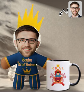 BK Gift Kişiye Özel Fotoğraflı Kral Babam Tasarımlı Bebek Yastık-2 & Siyah Kupa Bardak Hediye Seti-15, Babalar Günü Hediye, Babaya Hediye