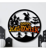 3D Baskı Happy Halloween Yuvarlak Duvar Panosu Cadı Şato Yarasa Silüetli Kapı Süsü Duvar Dekoru Siyah