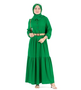 Hasır Kemerli Elbise-Benetton Yeşili