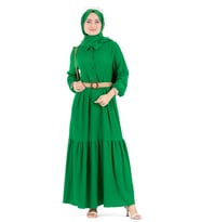 Hasır Kemerli Elbise-Benetton Yeşili
