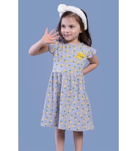 Toontoy Kız Çocuk Komple Ananas Baskılı Çiçek Aksesuarlı Elbise ( Gri-Melanj)