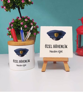 Özel Güvenlik Tasarımlı Kişiye Özel Güvenlik Kalemlik ve Dekoratif Taş Baskı Hediye Seti