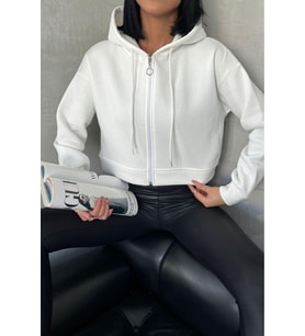 kadın kapüşonlu kısa sweatshirt GTS025 - Ekru
